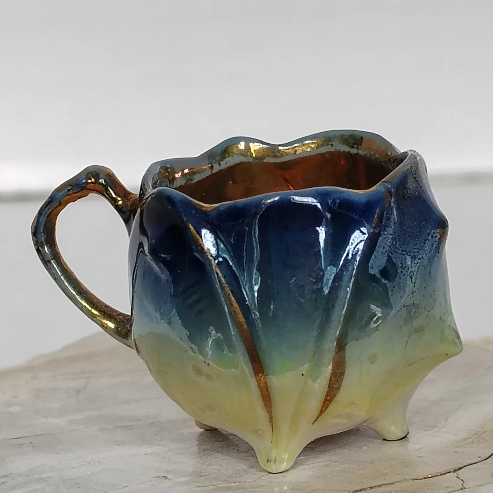 Miniature Ruffle Edge Tea Cup Saucer Blue Seaweed Yellow Gold Gilded Blowfish